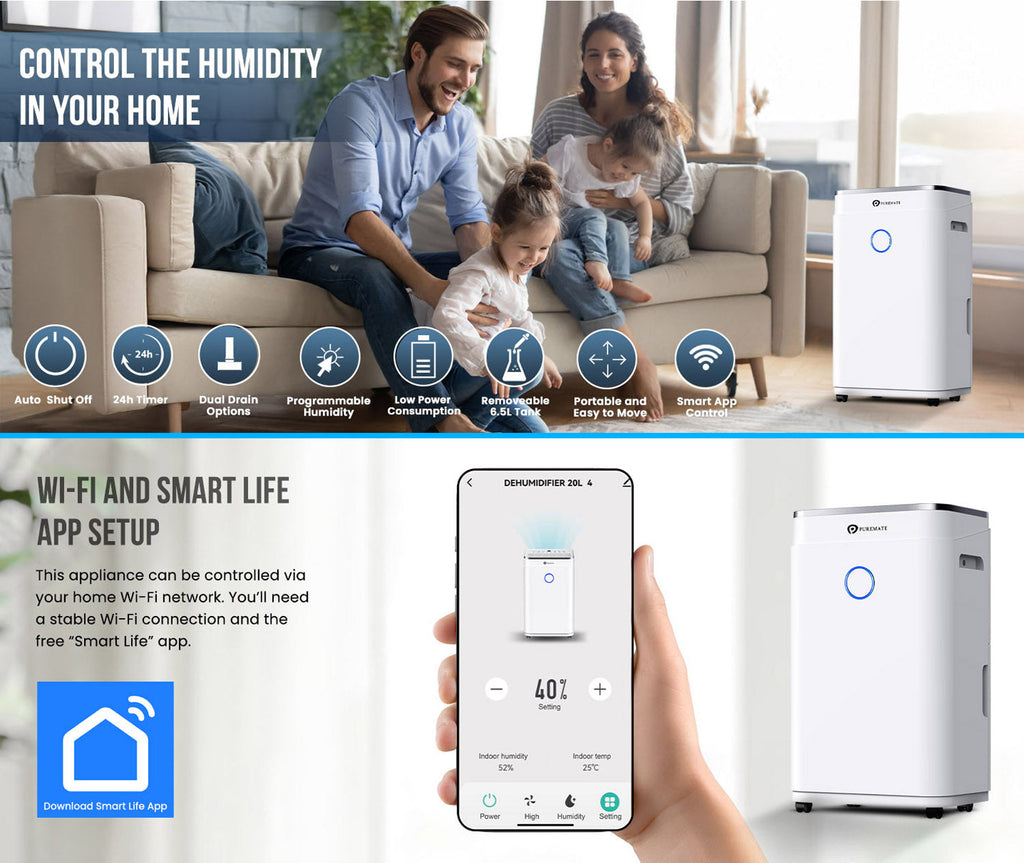 20L Smart WiFi Dehumidifier for Home, Large 6.5L Tank or Continuous Drainage, Sleep Mode, Adjustable Humidity Sensor, Laundry Drying, 24H Timer, Ideal for Damp & Condensation