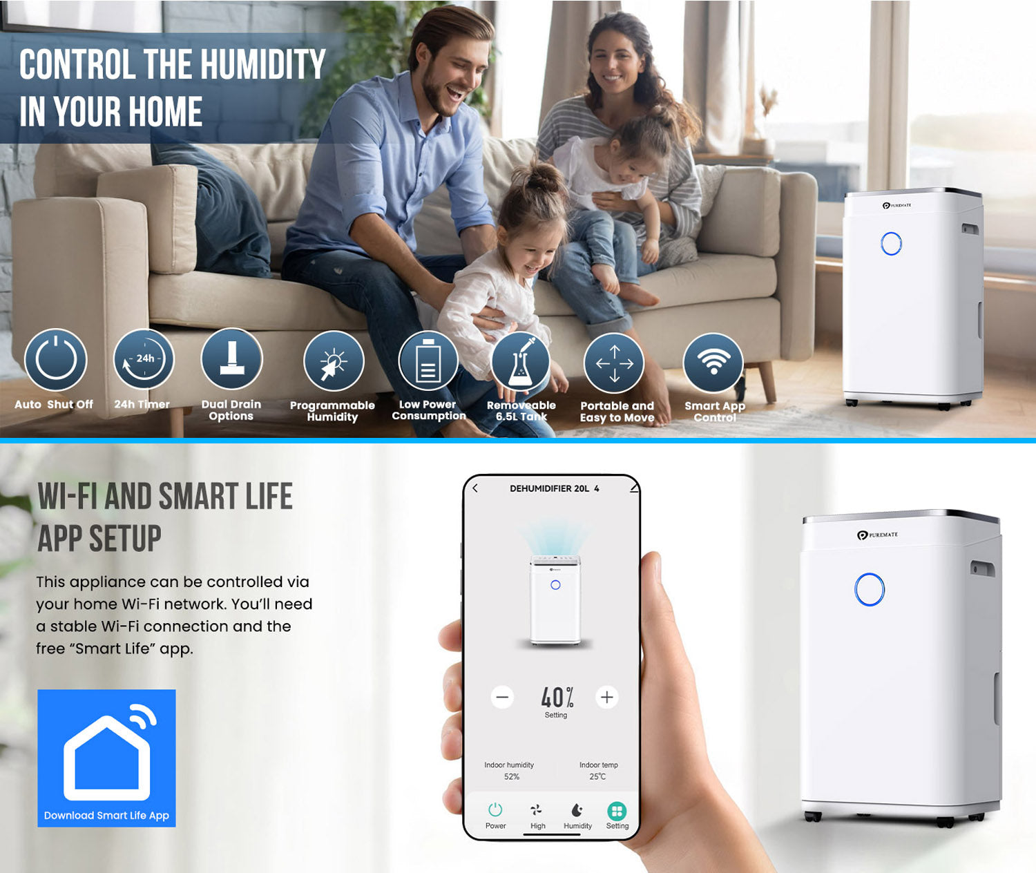 20L Smart WiFi Dehumidifier for Home, Large 6.5L Tank or Continuous Drainage, Sleep Mode, Adjustable Humidity Sensor, Laundry Drying, 24H Timer, Ideal for Damp & Condensation