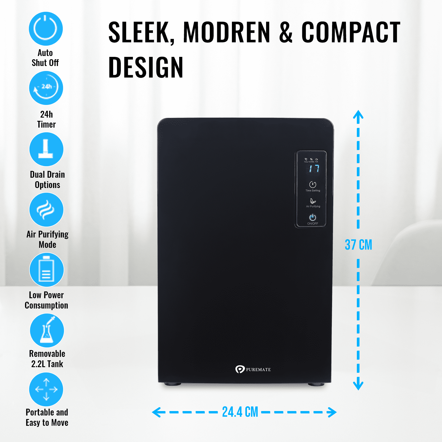 2200ml Portable Dehumidifier for Damp, Mould, Moisture in Home – Black