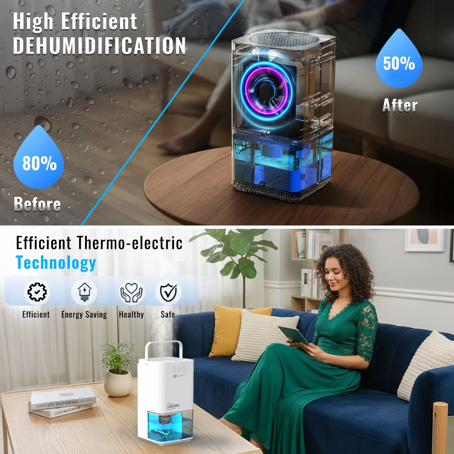 1400ml Mini Dehumidifier for Damp Mould Condensation and Moisture - White