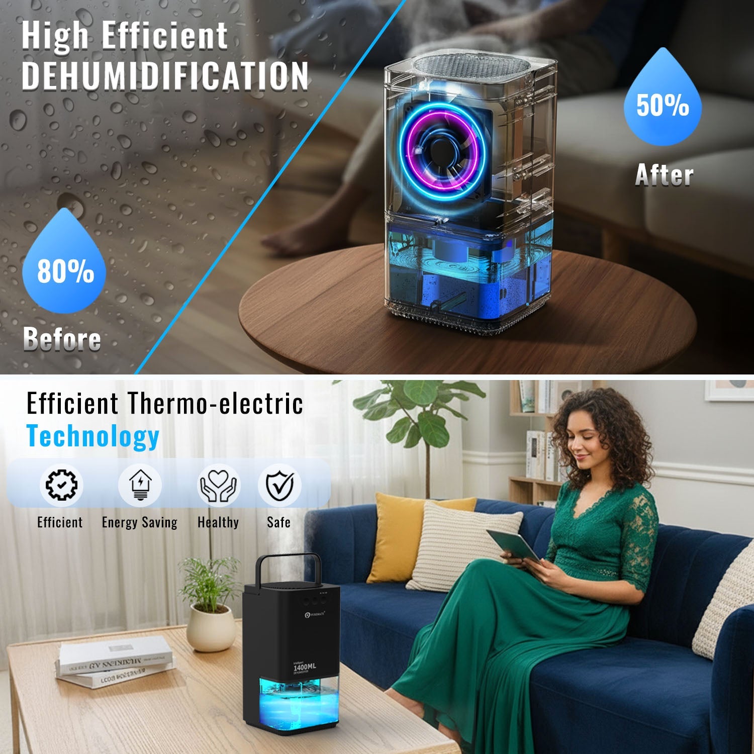 1400ml Mini Dehumidifier for Damp Mould Condensation and Moisture - Black