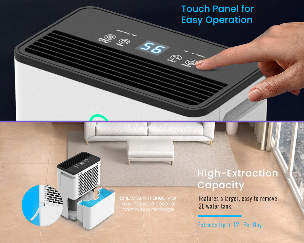 12L Dehumidifier for Home, Automatic Humidity Sensor, 24H Timer, Auto Shut-Off, Continuous Drainage &  Laundry Drying,