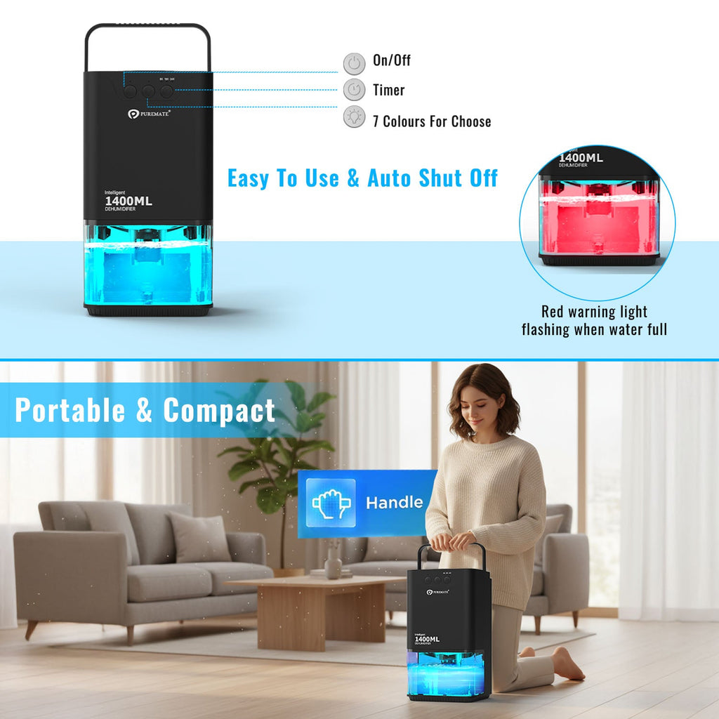 1400ml Mini Dehumidifier for Damp Mould Condensation and Moisture - Black