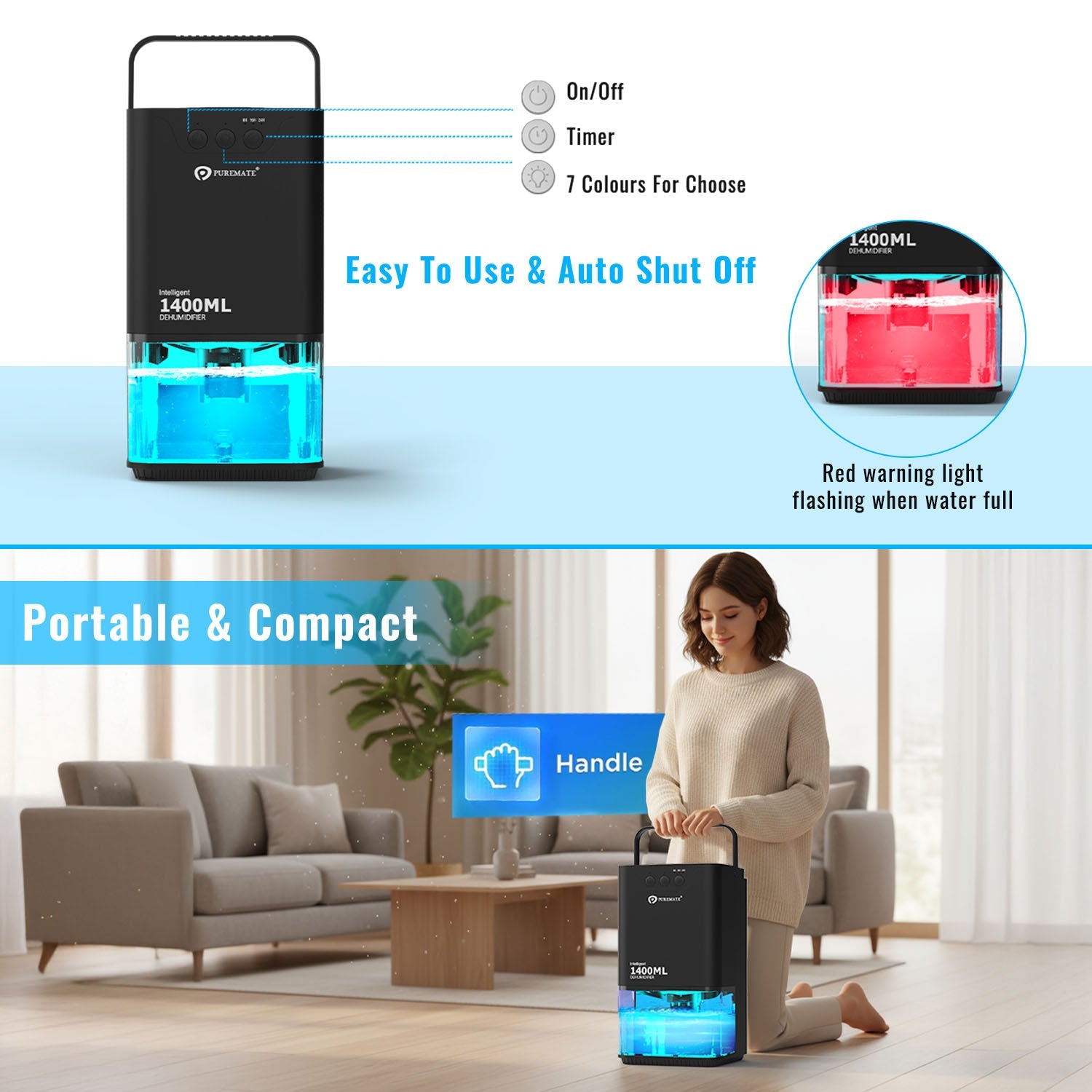 1400ml Mini Dehumidifier for Damp Mould Condensation and Moisture - Black