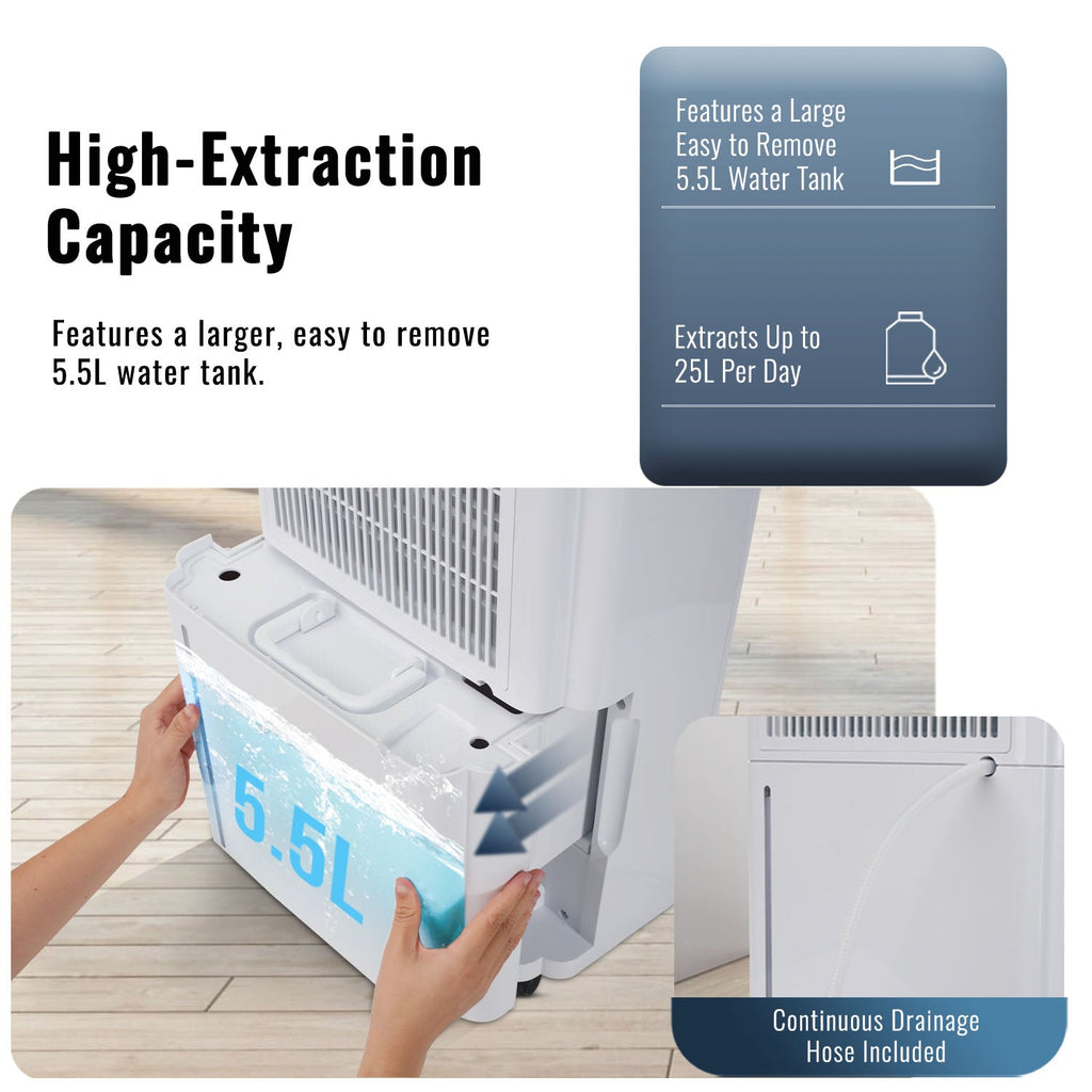 25L Dehumidifier with 5.5 Litre Tank Capacity, Digital Display, Continuous Drainage, Laundry Drying