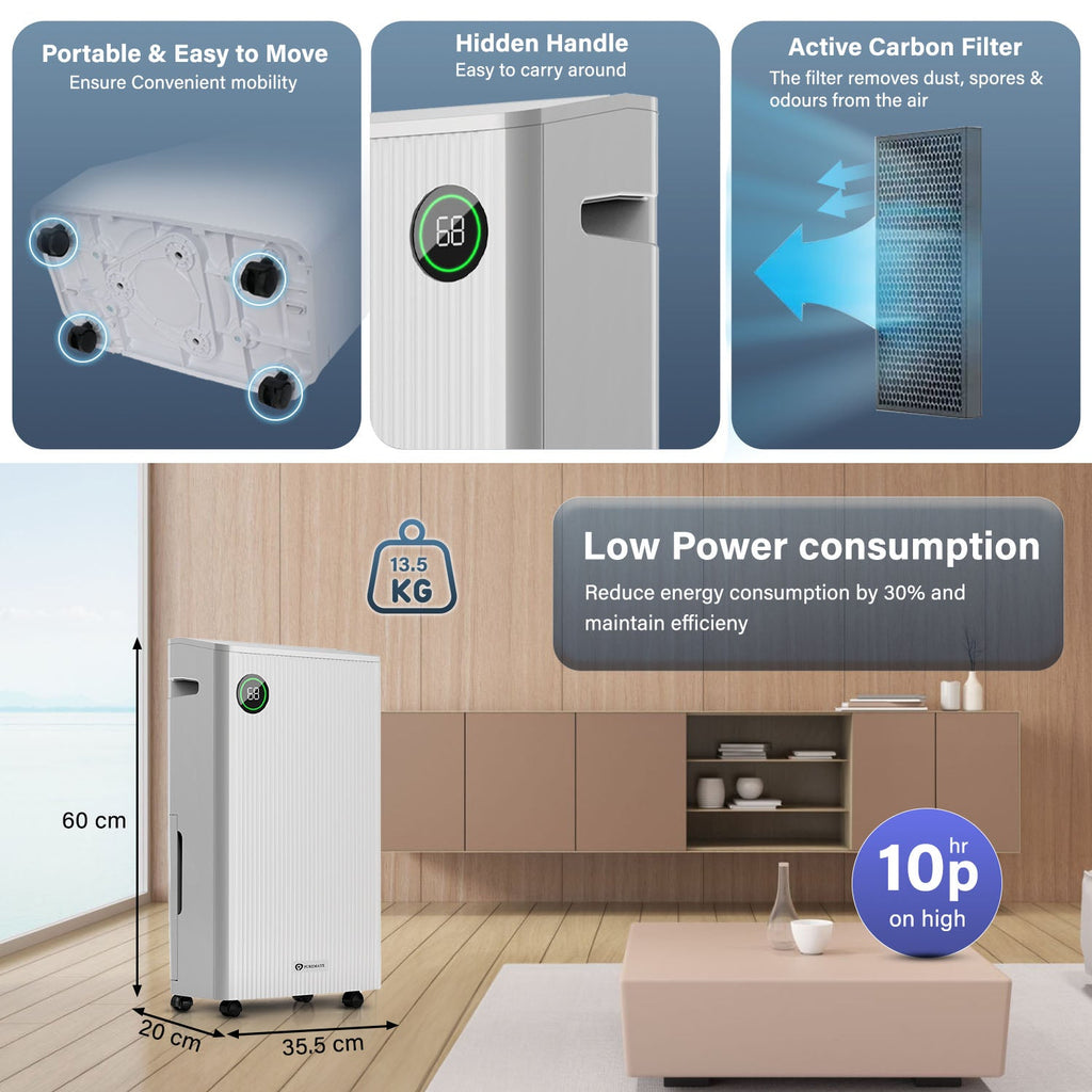 25L Dehumidifier with 5.5 Litre Tank Capacity, Digital Display, Continuous Drainage, Laundry Drying